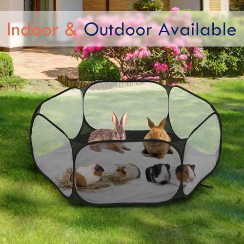 Pawaboo Small Animals Playpen, Waterproof Small Pet Cage Tent with Strong Steel Wire Frame, Portable Outdoor Yard Fence for Chick/Kitten/Puppy/Guinea Pig/Rabbits/Hamster/Chinchillas, Black - color: Black