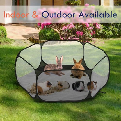 Pawaboo Small Animals Playpen, Waterproof Small Pet Cage Tent with Strong Steel Wire Frame, Portable Outdoor Yard Fence for Chick/Kitten/Puppy/Guinea Pig/Rabbits/Hamster/Chinchillas, Black - color: Black