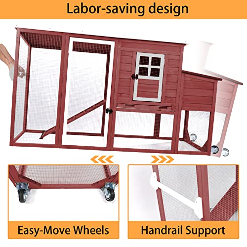 PetsCosset 75" Wooden Chicken Coop with Run and Wheels for 1–4 Chickens, Backyard Hen House with Nesting Box, Removable Tray, Ramp & Weather-Resistant Roof, Red - color: Chicken Coop large-Red, size: 75.0"L x 26.0"W x 39.0"H