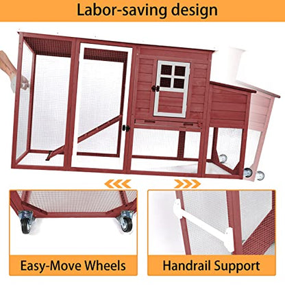 PetsCosset 75" Wooden Chicken Coop with Run and Wheels for 1–4 Chickens, Backyard Hen House with Nesting Box, Removable Tray, Ramp & Weather-Resistant Roof, Red - color: Chicken Coop large-Red, size: 75.0"L x 26.0"W x 39.0"H