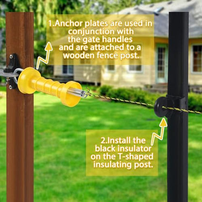 Tondiamo 4 Sets Electric Fence Gate Handle Set with Anchors and Insulators Including 4 Pcs Plastic Electric Fence Gate Handle with Spring, 8 Pieces Anchor Set, 8 Pieces Black Insulators
