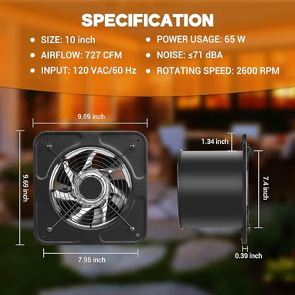 YOZON 10-Inch Kitchen Exhaust Fan with Switch, 727CFM Garage Exhaust Fan, Wall Mounted Vent Fan, Ventilation Fan with Backdraft Damper for Attic, Workshop, Window, Smoking Room - size: 10 inch