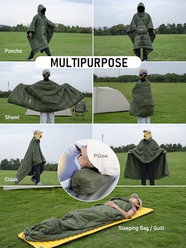 WildCall Hooded Camping Blanket with 3M Thinsulate Insulation Wearable Poncho Blanket Ultralight Foldable Quilt Sleeping Bag for Outdoor, Hiking, Stadium - color: Green