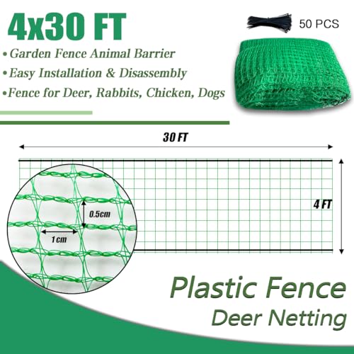 Garden Fence Temporary Fence, 4'x30' with 50 Zip Ties, Plastic Fencing Safety Fence Snow Fence, Construction Fencing for Yard, Deer, Pet, Rabbits, Chicken, Dogs, Animal Barrier, Green - size: 4ftx30ft