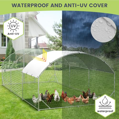 IDEALHOUSE Walk-in Chicken Run with Cover, Metal Outdoor Poultry Enclosure, 20 ft L x 10 ft W x 6.6 ft H, Waterproof and UV Cover, Spire Roof Design, for Yard and Farm Chickens Ducks - size: 19.7 ft L x 9.8 ft W x 6.6 ft H