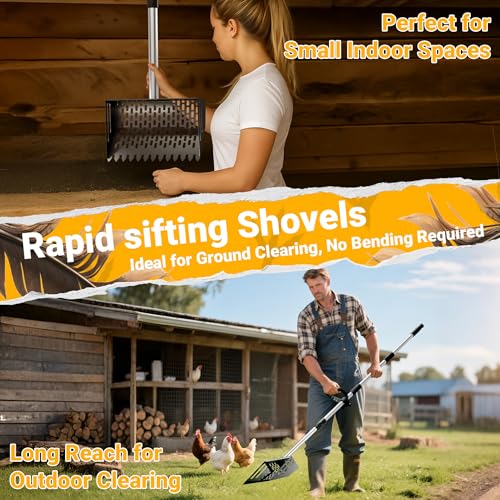 Pugala 5-in-1 Large Chicken Poop Scooper & Rake – 24" to 68" Long Adjustable Stainless Steel Handle, 10" Wide Metal Sifting Shovel Head – Heavy Duty Chicken Coop Cleaning Tool for Litter & Sand,Black