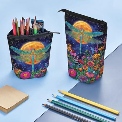 Dragonfly Moon Standing Pencil Case Cute Telescopic Stationary Pouch with Zipper Large Capacity Stand up Pen Bag Portable Makeup Holder for School Office Supplies - color: Dragonfly