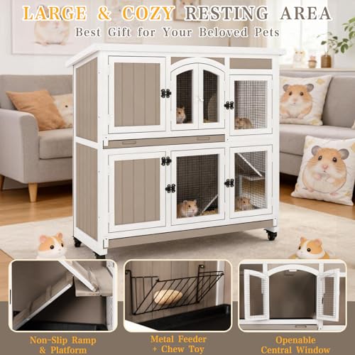 Gowoodhut 47" L Large Guinea Pig Cage Indoor with Wheels, 2-Story Wooden Hutch with 2 Deep Pull-Out Trays, Anti-Chew Ramps & Hideout for Hamsters, Ferrets & Rabbits, Grey, Easy-Clean Small Pet Home