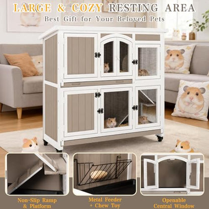 Gowoodhut 47" L Large Guinea Pig Cage Indoor with Wheels, 2-Story Wooden Hutch with 2 Deep Pull-Out Trays, Anti-Chew Ramps & Hideout for Hamsters, Ferrets & Rabbits, Grey, Easy-Clean Small Pet Home