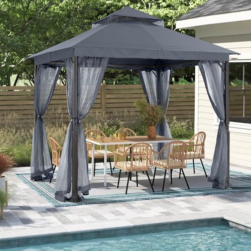 MASTERCANOPY Outdoor Patio Gazebo with Double Roofs, Stable Steel Frame and Mosquito Netting (9x9,Dark Gray) - color: Dark Gray, size: 9x9