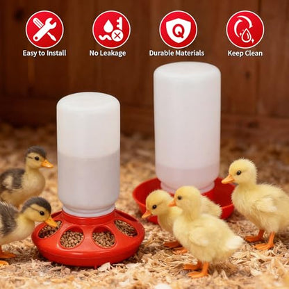 Chick Feeder and Waterer Set No Waste Automatic 1L Chicken Feeder and Waterer for Baby Chicks, Ducks, and Quail – Brooder Starter Kit (Red) - color: Red and White