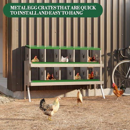 10-Room Metal Chicken Nesting Box, Heavy-Duty Galvanized Steel Egg Laying Box with Vented Holes & Leg, Wall-Mounted or Floor Use, Secure Egg Collection, Green
