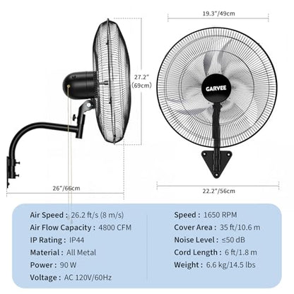 Garvee 20 Inch Oscillating Wall Mount Fan, 3 Speed High Velocity 4800 CFM Industrial Wall Fan, 90° Oscillation & 30° Tilt Cooling,Wall Fan for Home, Offices, Garage, Commercial, Warehouse - size: 20 Inch