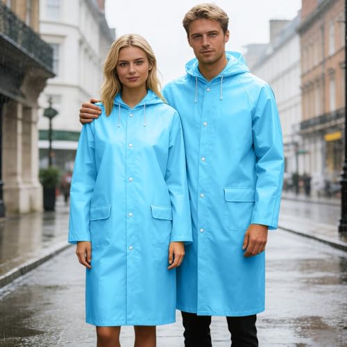 Unisex Hooded Raincoat Waterproof Reusable Rain Jacket with Pockets for Cycling Hiking Travel Commuting - color: Sky Blue, size: Medium