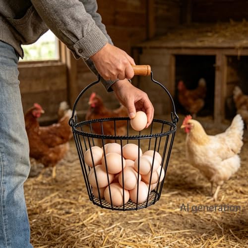 Wire Egg Basket, Black, Wooden Handle | Farmhouse Rustic, Egg Collecting, Kitchen Countertop, Chicken Coop, Easter Egg Hunt