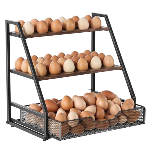 3-Tier Wooden Fresh Egg Holder Countertop With Basket for 36+90 Eggs, Storage for Countertop with Carry Handle for Gathering 150+ Fresh Eggs - size: 3 Tiers