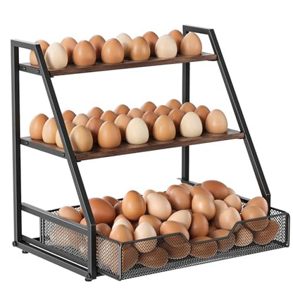 3-Tier Wooden Fresh Egg Holder Countertop With Basket for 36+90 Eggs, Storage for Countertop with Carry Handle for Gathering 150+ Fresh Eggs - size: 3 Tiers