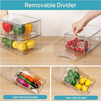 Vtopmart 4 Pack Stackable Storage Drawers,Clear Acrylic Drawer Organizers with Handles, Easily Assemble for Fridge, Bathroom,Kitchen Undersink,Cabinet,Pantry Organization and Storage - size: 4Pack 4.4"H-with Dividers