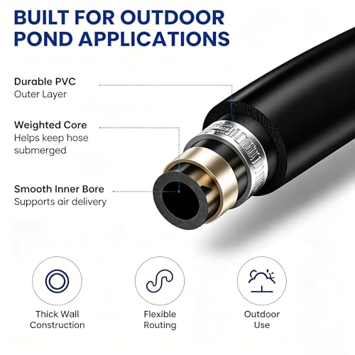 Self Sinking Aeration Hose, 3/8" ID 656FT, Sturdy PVC Line, Packaged with 4 Brass Connectors & 4 Stainless Clamps for In-ground Ponds, Home Garden and Small Farm Water Bodies