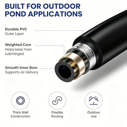 Self Sinking Aeration Hose, 3/8" ID 656FT, Sturdy PVC Line, Packaged with 4 Brass Connectors & 4 Stainless Clamps for In-ground Ponds, Home Garden and Small Farm Water Bodies
