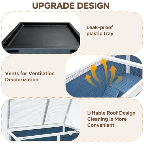 Large Indoor Rabbit Hutch Wooden Bunny Rabbit Cage 2-Story with Run Caster Waterproof No-Leak Pull-Out Tray Ramp Wheel for Guinea Pig Small Medium Animal Wood Pet House Home Blue & White 37“