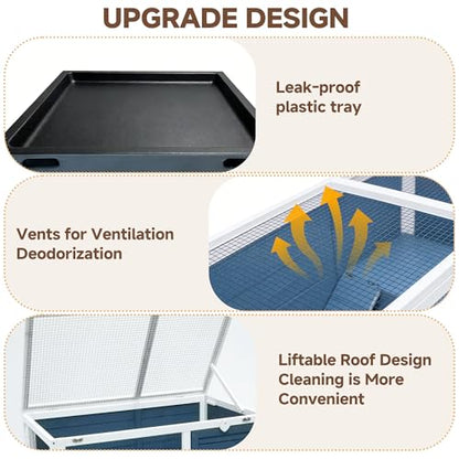 Large Indoor Rabbit Hutch Wooden Bunny Rabbit Cage 2-Story with Run Caster Waterproof No-Leak Pull-Out Tray Ramp Wheel for Guinea Pig Small Medium Animal Wood Pet House Home Blue & White 37“
