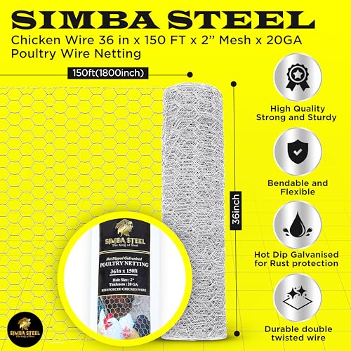 Chicken Wire 36 in x 150 FT x 2” Mesh x 20GA | Poultry Wire Netting | Hot Dipped Galvanised | Hexagonal Galvanized Mesh for Chicken Coop, Rabbit Cage, Fence Barrier PM36x150x2 - style: 36 in x 150 FT x 2 in