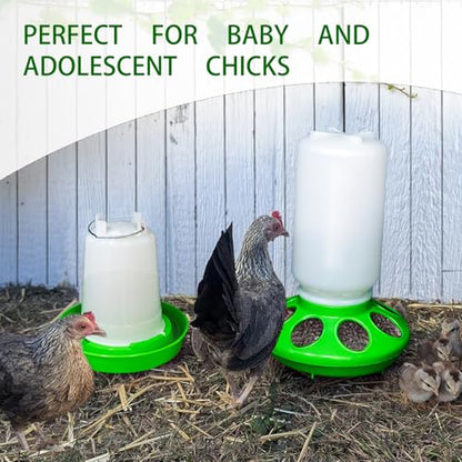 Chick Feeder and Waterer Set for Brooder - Adjustable Height (3 Levels) 0.3Gal Feeder & 0.4Gal Waterer - Automatic Poultry Kit for Baby Chicks, Ducklings