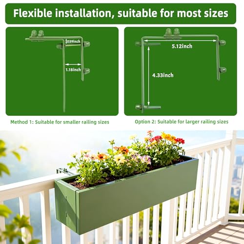 Metal Railing Planter Box, 30 Inch Balcony Planters with Adjustable Brackets, Large Hanging Planters for Outdoor Fence Deck - color: Green