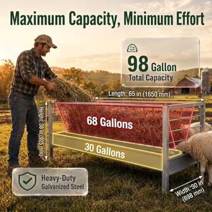 98 Gallon Heavy Duty Livestock Feeder, Hay and Grain Feeder for Goats Sheep Calves, Large Capacity Goat Trough with 25-Goat Capacity Feeder
