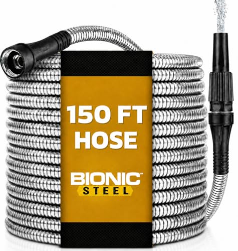 Bionic Steel 150 FT Long Garden Hose with Nozzle, 304 Stainless Steel Metal Water Hose 150ft, Flexible Hose, Kink Free, Lightweight & Durable, Crush Resistant Fitting, Easy to Coil, 500PSI- 2026 Model - size: 150'
