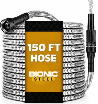 Bionic Steel 150 FT Long Garden Hose with Nozzle, 304 Stainless Steel Metal Water Hose 150ft, Flexible Hose, Kink Free, Lightweight & Durable, Crush Resistant Fitting, Easy to Coil, 500PSI- 2026 Model - size: 150'