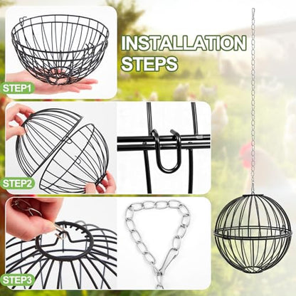 4 Pack Hanging Chicken Feeders for 10+ Chicken, 7.5 Inch Iron Rodent-Proof Duck Treat Dispenser Balls with 17.7 Inch Adjustable Hanging Chain for Feed and Toys, Weatherproof & Easy Install
