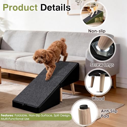 Split Ottoman Dogs Ramp, Dog Ramp for Couch and Bed, Dog Stairs for Small Dogs and Cats, 2-in-1 Foldable Wooden Pet Stairs and Ottoman, Non-Slip Fabric Surface Ramp for Couch and Bed Black - color: Black