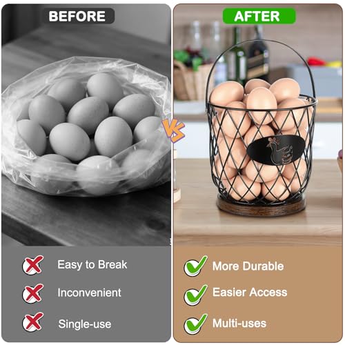 Round Egg Basket for Gathering Fresh Eggs, Metal | Non-Slip Wooden Base, K-Cup Organizer, Comfortable and Secure Grip, Countertop Decor, Easy Accessible, Easy Clean