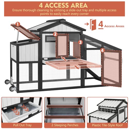 Ketive 65" L Chicken Coop with Wheels for 1–2 Chickens, Outdoor Wooden Hen House with Run, Leakproof Pull-Out Tray, UV-Resistant Panel Roof, 2 Nesting Box,Poultry Cage Chicken Hutch for Backyard Yard - size: 65.0"L x 26.0"W x 39.0"H