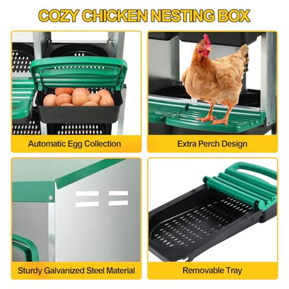 Chicken Nesting Box, 6 Hole Metal Nesting Boxes for Chickens with Roll Away Egg Collection, 2 Tier Chicken Laying Box, Removable Trays & Swing Perch for Backyard Coop and Laying Hens - size: 6 Holes with Legs