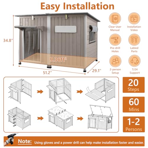 Ketive 55"L Dog House Outdoor Large Breed Extra XL Wooden Dog House with Weatherproof Asphalt Roof, All-Around Iron Frame, Removable Floor, Openable Top Roof, Air Vents Window for Medium to Large Dogs - style: 55.1"L x 33.1"W x 34.8"H