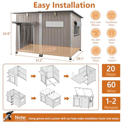 Ketive 55"L Dog House Outdoor Large Breed Extra XL Wooden Dog House with Weatherproof Asphalt Roof, All-Around Iron Frame, Removable Floor, Openable Top Roof, Air Vents Window for Medium to Large Dogs - style: 55.1"L x 33.1"W x 34.8"H