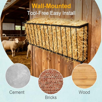 60'' Metal Wall Mount Hay Feeder, 65 Gallon Livestock Feeder for Goats Horses Cattle, Indoor Outdoor Hay Rack Blanket Holder - size: 60 Inch