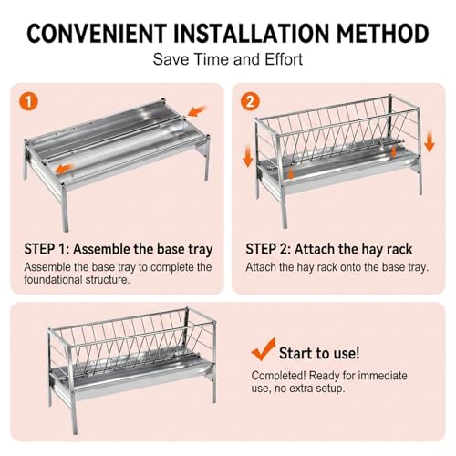 3 in 1 Grain|Water|Hay Feeder, 94-Gallon Capacity|8.0'' Deeper Feeding Pan, Stainless Steel Goat Hay Feeder, 63" Long Livestock Hay Rack for Goats, Sheep, Cow, Horse