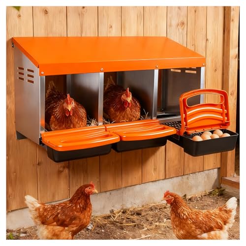 Chicken Nesting Boxes with 3 Cozy and Roll-Away Design - Chicken coop Nesting Boxes,Private Laying Spot & Enables Effortless Egg Collection (Orange)