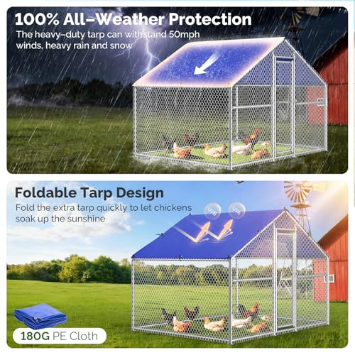 Sino Luban Metal Large Chicken Coop Run for Yard with Waterproof Cover, Chicken Runs for 8 Chickens/Ducks, Chicken Pen Chicken Enclosure Outdoor, Walk-in Poultry Cage (Upgrade Wall Support Brace) - size: 78.7"L x 78.7"W x 74.8"H