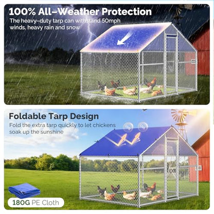 Sino Luban Metal Large Chicken Coop Run for Yard with Waterproof Cover, Chicken Runs for 8 Chickens/Ducks, Chicken Pen Chicken Enclosure Outdoor, Walk-in Poultry Cage (Upgrade Wall Support Brace) - size: 78.7"L x 78.7"W x 74.8"H