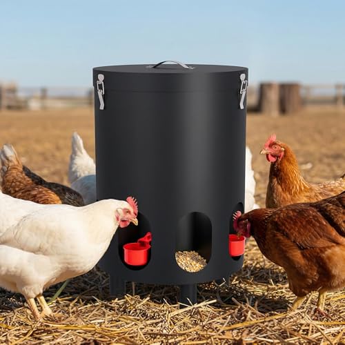 Black Chicken Feeder and Waterer Set-4 Gal/39.8 LB, Metal Chicken Feeders No Waste with 4 Cups, 4 Feeder Ports, Lid, Portable Gravity Chicken Feeder Automatic for Outdoors & Poultry - color: Black
