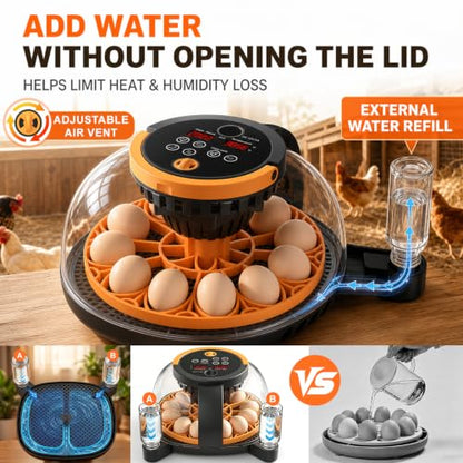 12-Egg Smart WiFi Egg Incubator with 1080p HD Camera, App Control, Auto Turner, Built-in Candler, Temp & Humidity Control, 360° View for Chicken Duck Quail, STEM Toy, 8GB SD Card Included