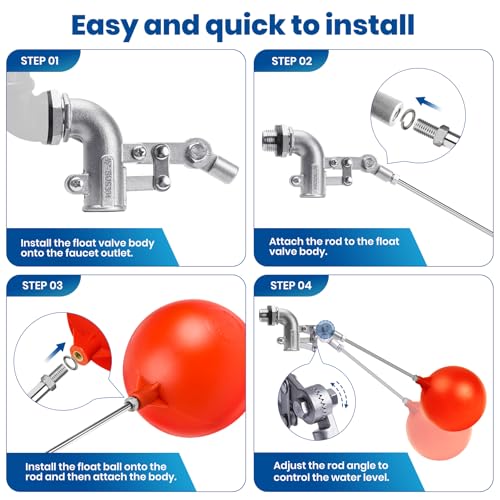1/2" Stainless Steel Float Valve for Water Tank with 5" Float Ball | 304 Stainless Steel, 5" Float Ball, Adjustable Arm, Leak-Proof Water Level Control - size: 1/2inch