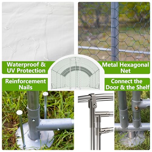 Large Metal Chicken Coop, Walk-in Chicken Run Cages with Waterproof and Anti-Ultraviolet Cover for Outside(10' L x 26 W x 6.56' H) Dome Top