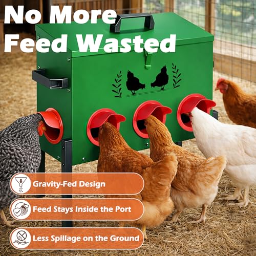 48 LB Large Automatic Chicken Feeder, No Waste Metal Poultry Feeder with 8 Ports, Weatherproof Outdoor Dispenser with Adjustable Legs & Locking Lid for Backyard Chickens, Green