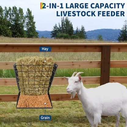 Wall Mount Hay Feeder for Goats, 2 in 1 Hay & Grain Livestock Feeders Rack, Hanging Sheep Cattle Feed Box with Steel Net, Wall Mounted Goat Hay Rack for Farm, Barn, Stable, Black - color: Black